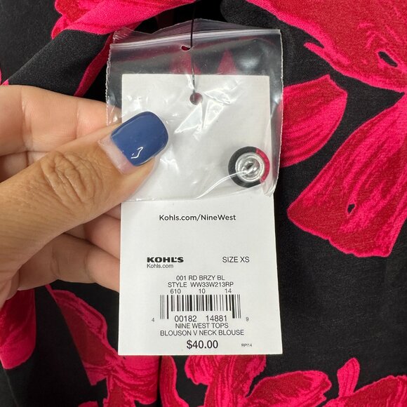 2/$30 NWT Nine West Blouson V-Neck Blouse Breezy Floral Red XS #A0515 TRB3 - Picture 7 of 8